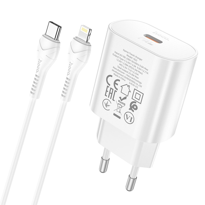 Laadija Hoco N22 25W USB-C + USB-C to Lightning cable 1.0m valge - Image 2