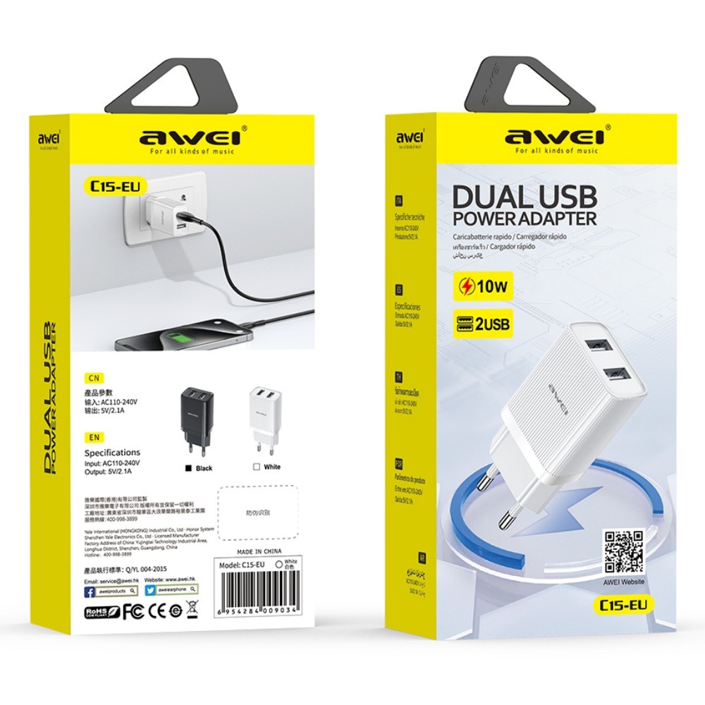 Laadija Awei C15T-EU 10W 2xUSB-A + USB-A to USB-C cable 1.0m valge - Image 6