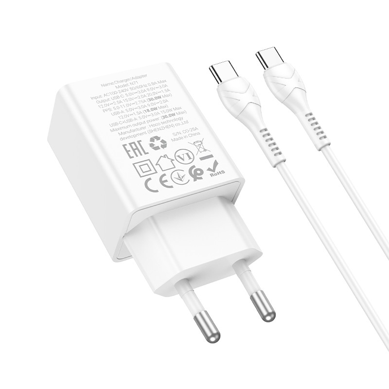 Laadija Hoco N71 30W GaN USB-C/USB-A + USB-C to USB-C cable 1.0m valge - Image 3