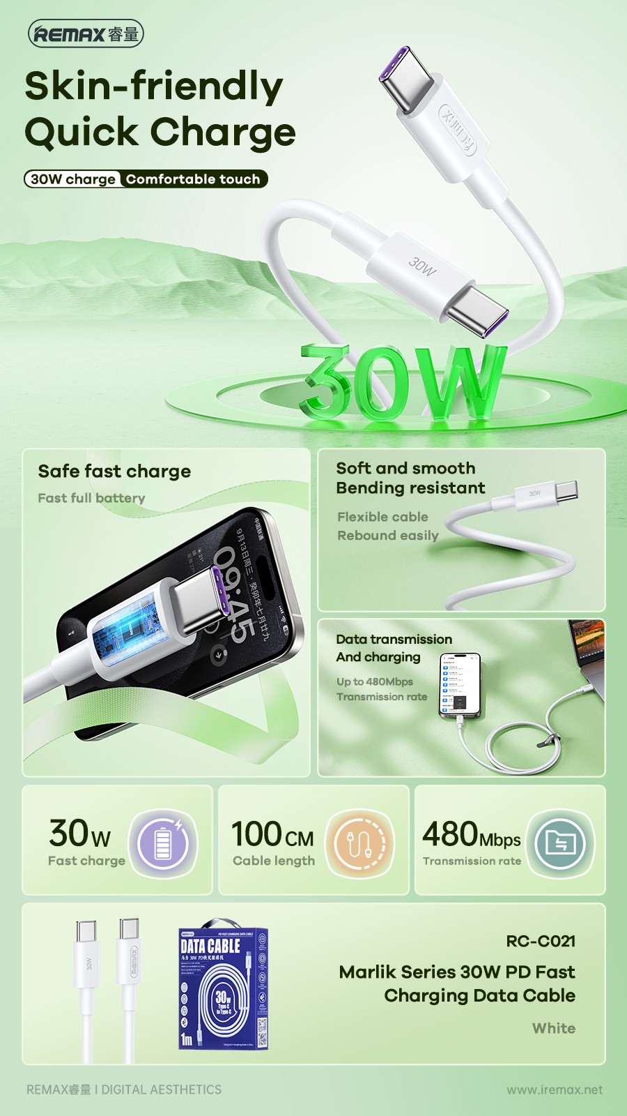 Laadimisjuhe Remax RC-C021 USB-C to USB-C 30W 2.0m valge - Image 3