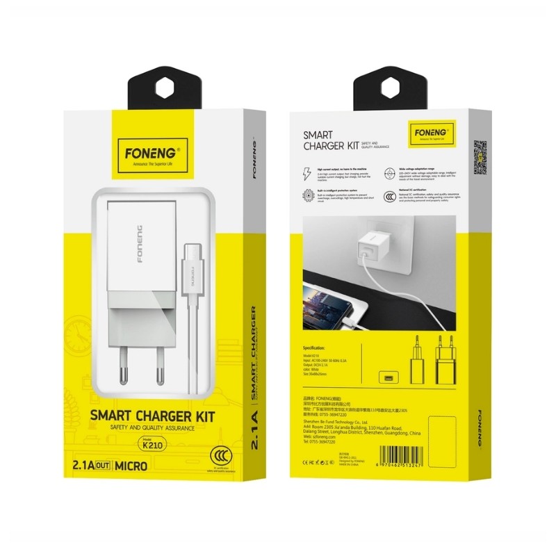 Laadija Foneng K210 2.1A USB-A + USB-A to MicroUSB cable 1.0m valge - Image 2