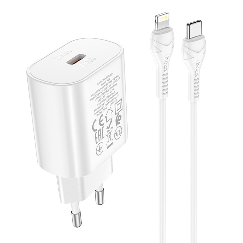 Laadija Hoco N22 25W USB-C + USB-C to Lightning cable 1.0m valge