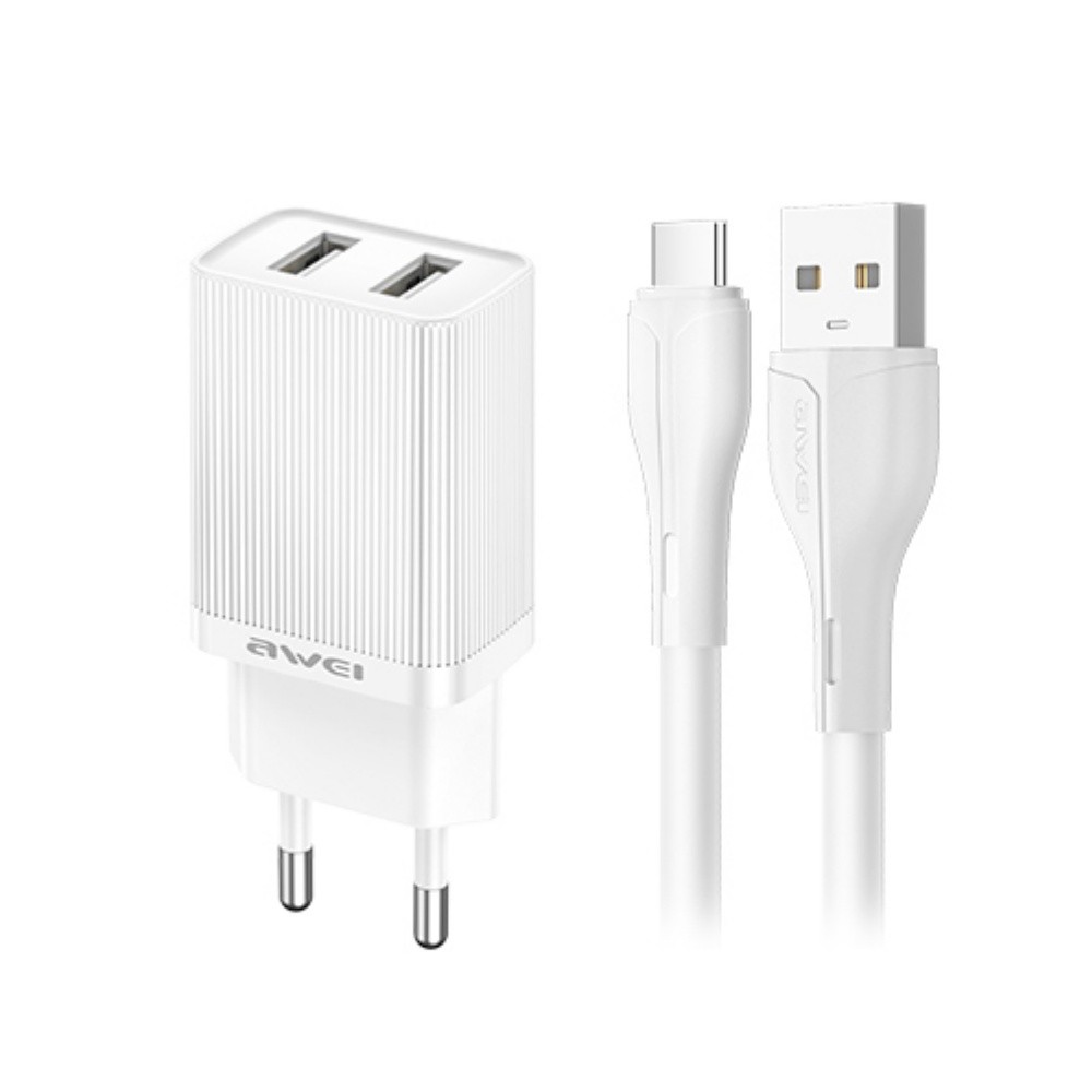 Laadija Awei C15T-EU 10W 2xUSB-A + USB-A to USB-C cable 1.0m valge