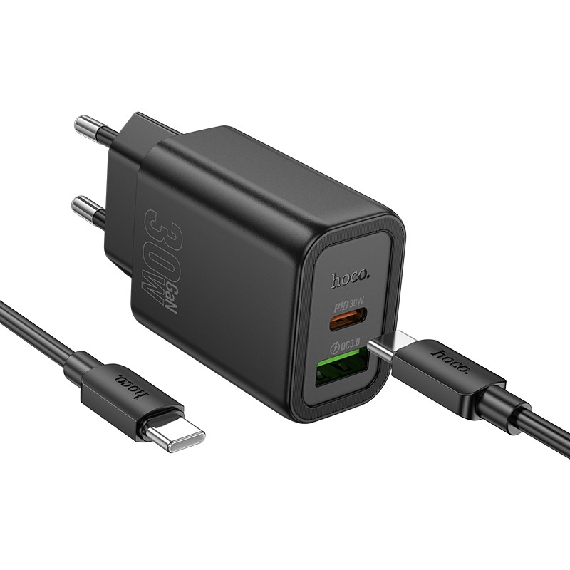 Laadija Hoco N63 30W GaN USB-C/USB-A + USB-C to USB-C cable 1.0m must