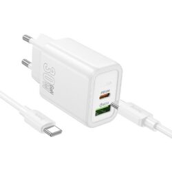 Laadija Hoco N63 30W GaN USB-C/USB-A + USB-C to USB-C cable 1.0m valge