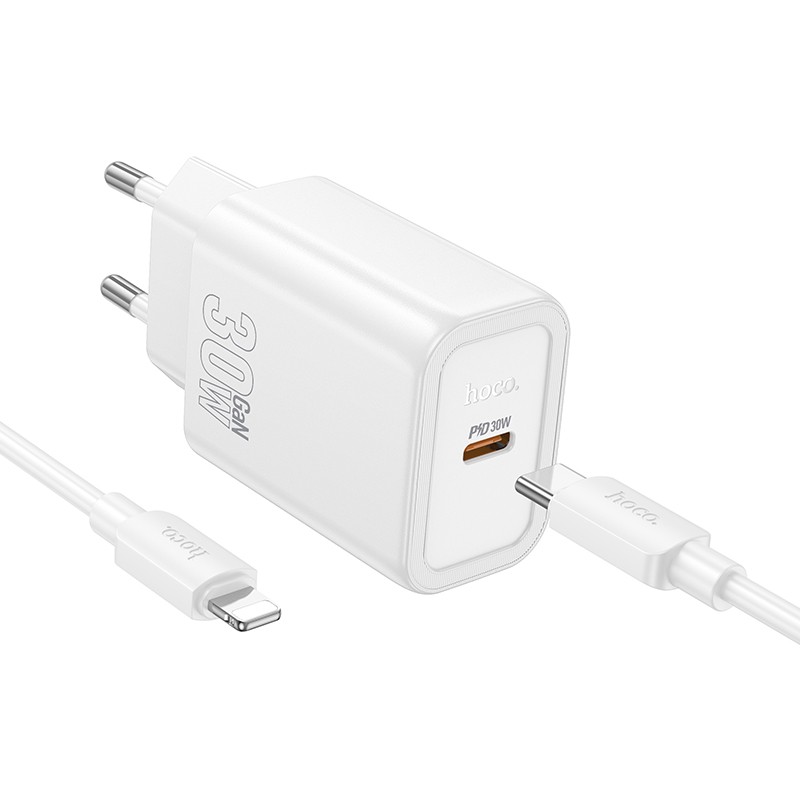Laadija Hoco N62 30W GaN USB-C + USB-C to Lightning cable 1.0m valge