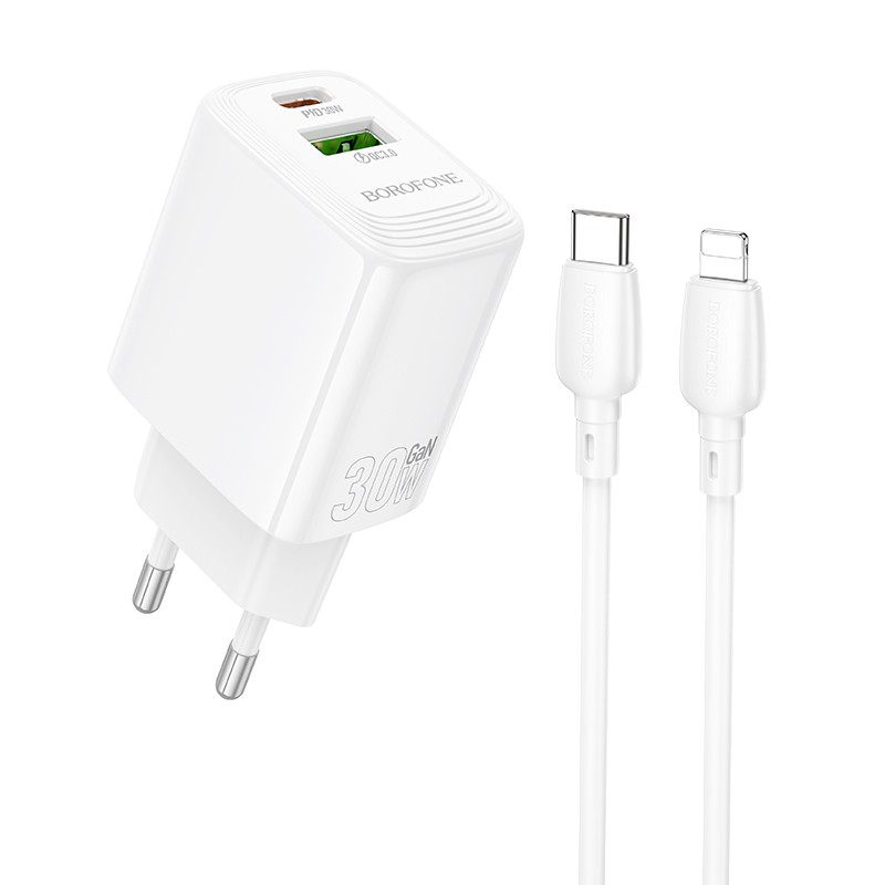Laadija Borofone BN29 30W USB-C/USB-A + USB-C to Lightning cable 1.0m valge