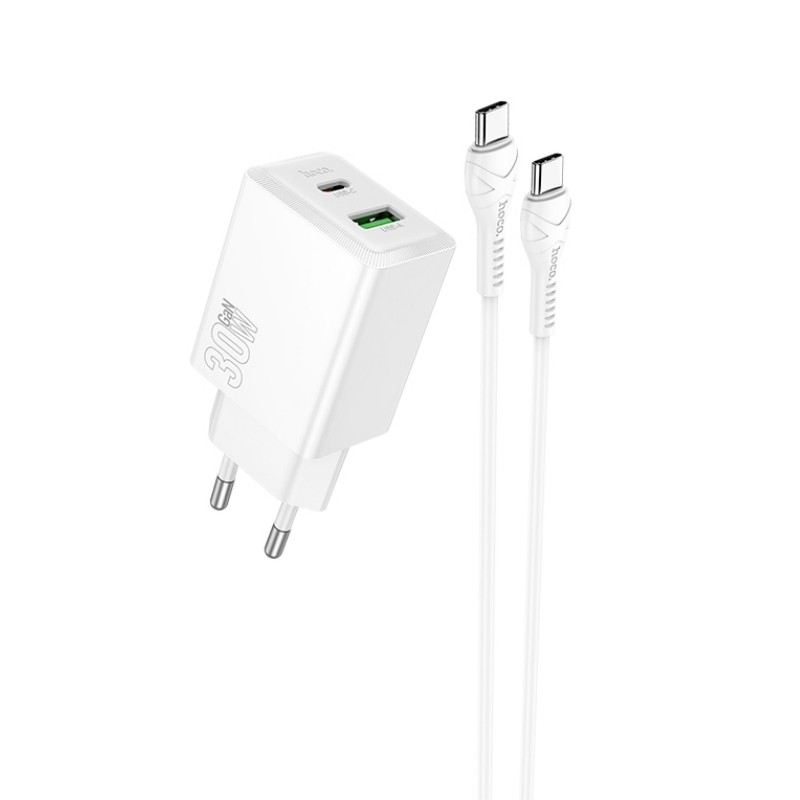 Laadija Hoco N71 30W GaN USB-C/USB-A + USB-C to USB-C cable 1.0m valge